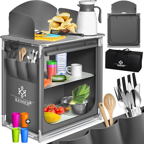 KESSER® Cocina de camping, incluye bolsa de transporte y juego de vasos, armario de camping, armario plegable, con estructura de aluminio, cocina de viaje, caja de cocina, armario para tienda de