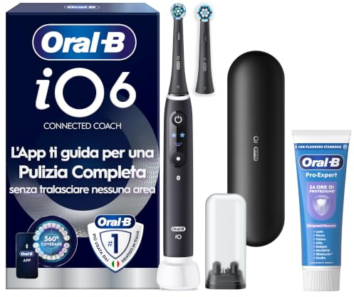 Oral-B iO 6 Spazzolino Elettrico, 2 Testine, Custodia, Dentifricio, Nero | 2 Testine di Ricambio per Spazzolino Elettrico, Ricaricabile, Custodia + 1 Dentifricio Pro-Expert Sbiancante Delicato