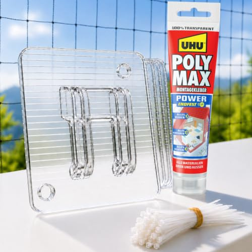 Netevo® 50 Klebehaken mit UHU Montagekleber (115ml), extra Kabelbinder, Alles transparent, extra stark & wetterfest, Haken Befestigung für Katzennetz ohne Bohren, Balkon & Fenster