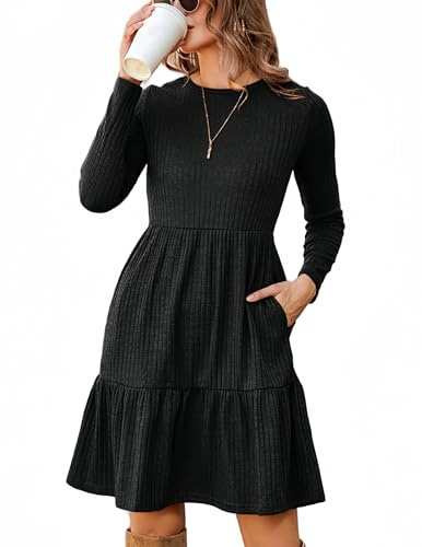 Zeagoo Womens Dresses Elegant Long Sleeve Knitted Dress Casual Autumn Winter Jumper Dress with Pockets Black M