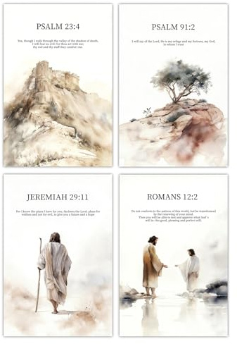 Komergave 4PCS Christliche Bilder mit Bibelversen, Wasserfarben Jesus Bild Wandkunst mit Bibel Verse Wanddeko, Christliche Deko für Draussen, Christliche Geschenke für Frauen, 30 x 20cm ohne Rahmen