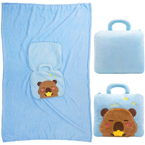 2-in-1 Capybara Decke und Kissen, 2-in-1 Kissendecke Plüsch Fleecedecke Warm Reisedecke, Tragbare Flannel Kuscheldecke Kopfkissen für Couch Bett, Reise Urlaub 110x160cm-D