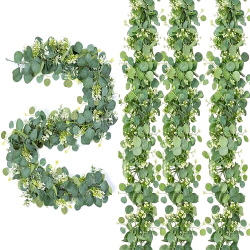 PjuQow 4 Stück Eukalyptus Girlande 180 cm Lange Künstliche Girlande, Grüne Blätter Künstliche Girlande Pflanze mit Weiße Blumen, Hochzeitsdeko für Hochzeit Tisch Frühlingsgirlande Blumenschmuck