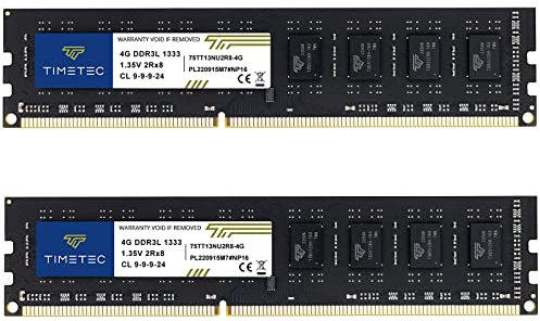 Timetec 8 Go KIT(2x4Go) DDR3 / DDR3L 1333MHz PC3-10600 Non ECC Unbuffered 1,35V CL9 2Rx8 Dual Rank 240 Pin UDIMM Desktop PC RAM Module de mémoire Mise à Niveau