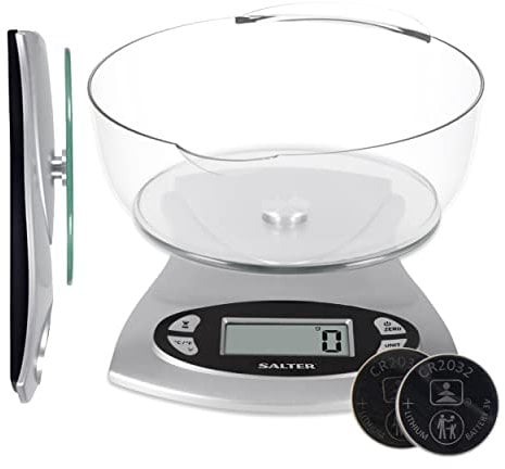 Balance de Cuisine Salter de 11 lb / 5 kg, balance numérique, bol amovible de 1,8 l, minuterie de cuisine, capteur de température, écran HD (Facile à lire), deux systèmes + liquides- argent
