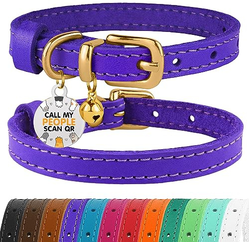 BRONZEDOG Leather Cat Collar with Removable QR-ID Tag – Kitten Collar with Bells, Non-Breakaway, for Girls & Boys (23-28 cm, Purple & Gold)