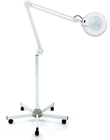 MINUS ONE Kosmetische Lupenlampe LED Lupenleuchte auf mit Rollstativ Kosmetik Arbeitsleuchte Kosmetiklampe Kosmetikleuchte Lupenleuchte Set Arbeitsplatzlampe Schwenkarm Vergrößerungslampe Weiß (5X)