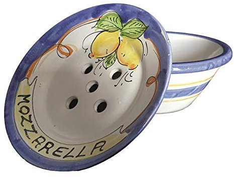 CIOTOLA PORTA MOZZARELLA IN CERAMICA DI VIETRI DIPINTA A MANO DECORO LIMONI; DIAMETRO CM. 20, ALTEZZA CM. 11 ARREDO TAVOLA CUCINA PIATTO MADE IN ITALY REGALO