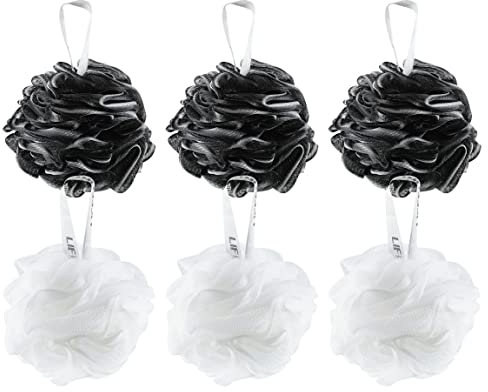 Lifeforce Lot de 6 Éponges de Bain Exfoliantes - Résistantes et Rapide Séchage Fleurs de Bain, Économisez 30% de Gel Douche, Couleurs Neutres pour Peau Sensible(3 x Noir & 3 x Blanc)