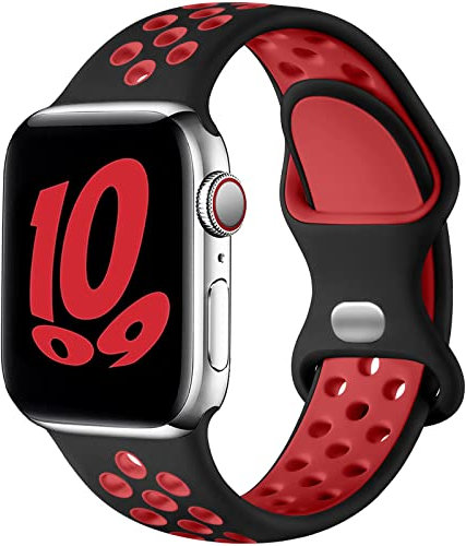 Upeak Sport Strap Compatible with Apple Watch Strap 44mm 45mm 46mm 42mm 49mm 40mm 38mm 41mm, Breathable Silicone Double Hole Band for iWatch Strap Series 10 9 8 7 6 5 4 3 2 1/SE/Ultra, L, Black/Red