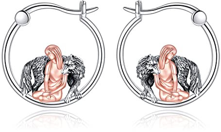 Wolf Ohrringe für Damen 925 Sterling Silber Wolf Creolen Ohrringe Schmuck Geschenke für Mädchen (Wolf und Mädchen)