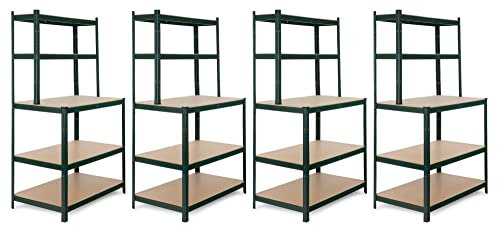 Stagecaptain 4X WBR-175 SR Werkbankregal - Schwerlastregal mit Werkbank - Lagerregal für Werkstatt, Keller, Speisekammer - 5 Böden in 2 Tiefen - Extra stabile Arbeitsfläche auf 97 cm Höhe - Grün