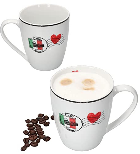MamboCat Caffee Amore 2er Set Kaffeebecher mit Henkel I 300 ml I 2 Personen I Porzellan-Tassen für Heißgetränke wie Tee, Kakao, Kaffee & Co. I Herz-Dekor + italienische Flagge