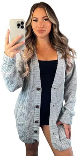 Crazy Fashion Women’s Long Sleeve Grandad Open Front Button Top Chunky Aran Cable Knitted Cardigan Ladies Sweater Winter Jumper Light Grey 8-10