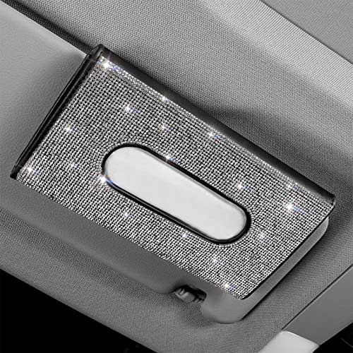 Bling Leder Taschentuchbox Glitzer-Tücherbox für Auto-Sonnenblende Auto Taschentuchbox Kristall-Taschentuchhalter für Damen (Schwarz - Silber Diamant, 1PC)