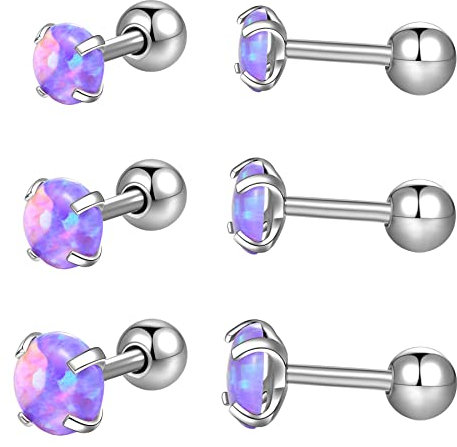 Triple Forward Helix 3mm 4mm 5mm Set Purple Opal 16g Cartilage Earrings Studs Helix Conch Piercing Jewellery Surgical Steel