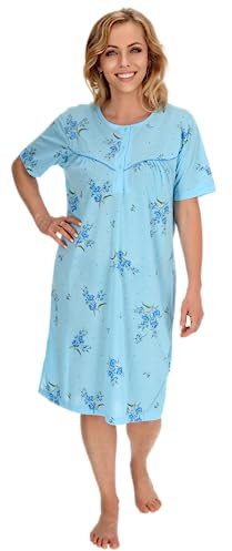 Schuerzenfabrik - Chemise de nuit à manches courtes pour femme, bleue, rose, violet, orange avec boutonnière, Chemise de nuit à manches courtes bleue, XXL