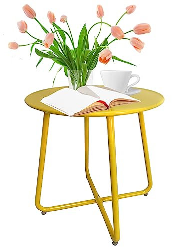 U-BCOO Tavolino da appoggio per terrazze, resistente in acciaio, piccolo tavolo rotondo per patio yard, balcone, veranda e prato (giallo chiaro, acciaio legato rotondo)