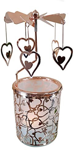 Kingnero Karussell Kerze Glas Halter – Drehbare Windmühle, Teelicht, Kerzen-Stick, Geschenke für die Familie (Roségold, Herz)