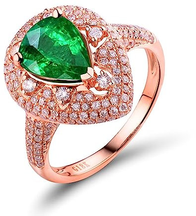 Ring Rosegold Damen Breit, Engagement Ring Emerald 18 Karat Gold Birnen Luxuriöser Tropfen Smaragd und Diamanten Komfort Fit Größe 54 (17.2)