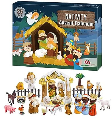24 Tage Weihnachtskrippe Set, Adventskalender, Religiöse Adventskalender für Kinder, Weihnachtskrippe mit liebevollen Figuren, Tieren und Zubehörteilen hinter jedem Türchen