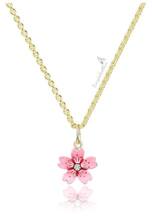 Kirschblüte Halskette Gold plattiert oder Edelstahl Perlenkette handbemalte Sakura Blüte Inspiriert vom floralem Vintage Emaille Schmuck Geschenkidee Freundin Valentinstag (40, Gold)