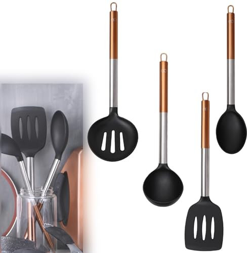 bmf-versand® Küchenhelfer Set 4 teilig Hochwertig - Kochbesteck Nylon Griff Kupfer Farben Aufhängeöse - Suppenkelle - Pfannenwender - Schaumlöffel - Kochlöffel