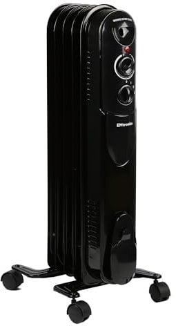 EMtronics EMOFR5BLK 1000W/1KW 5 Fin Portable Electric Oil Filled Heater Radiator with Adjustable Thermostat and 3 Heat Settings for 10 sqm Room - Black