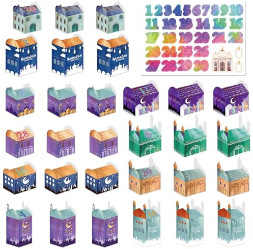 Ramadankalender zum Befüllen, 30 Stück Ramadan Kalender Boxen Geschenkschachteln mit Aufklebern zum Aufstellen und Dekorieren, Ramadan Geschenkbox Ramadan Deko Wiederverwendbar (A-A)