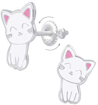 Boucles d'oreilles chats en argent 925 avec attaches à vis - Idée cadeau fille bijoux enfant