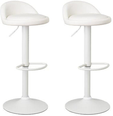 LOLAhome Set de 2 Taburetes de Cocina Giratorios en 360°, Juego de Sillas de Bar Regulables en Altura de 72 a 92 cm, con Respaldo de Polipiel, Estructura Metal Blanca y Reposapiés, Blancos
