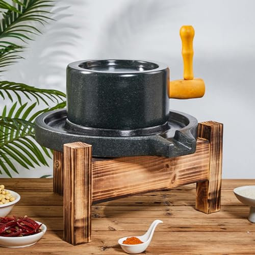 QHZYMX stone grinder mill Handmade Bluestone Grain Grinder for Flour, Manual Mill Grain Grinder Food Paste Mill, Household Grain Whole Wheat Flour Stone Mill (Color : Wooden handle, Size : 22x35cm)