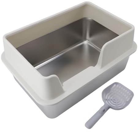 Arenero de Acero Inoxidable para Gatos, Bandeja Sanitaria para Gatos Semicerrada con Pala y Laterales Altos Caja de a Prueba de Salpicaduras para Gatitos, Conejos, Cobayas