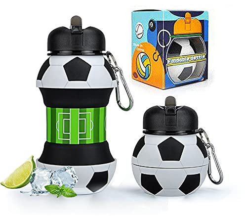 QTANZIQI Kids Water Bottle - Collapsible Football Water Bottle with Keyring, Toddler Water Bottle with Carabiner, Girls and Boys Drinking Bottle For School - BPA-Free Football 550Ml/19Oz silk