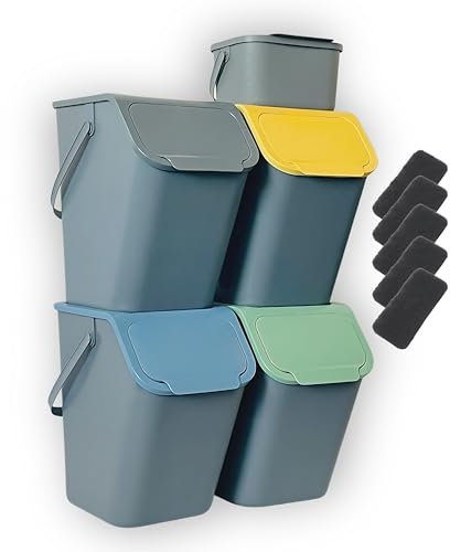 Go Practic Set de Poubelles de Cuisine avec Couvercle et Filtre à Charbon, 5 Pièces: 4x 25L / 1x 4,5L de Recyclage Biodégradable, Conteneur à Déchets, de Tri Des Déchets en Plastique