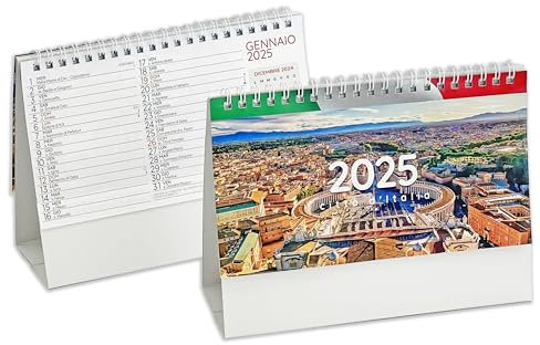 Pubblimania Tischkalender Italien oder Schreibtisch 2025, Spiralumschlag, Heiliger des Tages, Platz zum Schreiben von Notizen (Stadt Italien)
