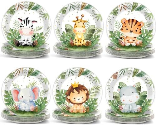 Justforjoyful 60pc Jungle Safari Animal Print Paper Plates - Dinner Plates for 60 Guests - Waterproof & Disposable - Perfect for Birthday, Baby Shower & More