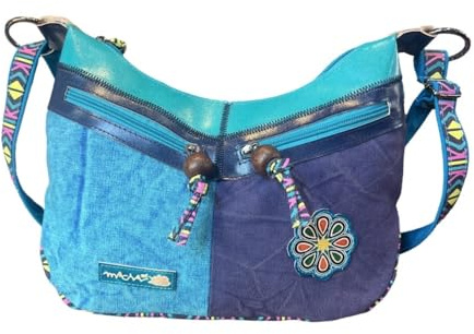 Macha Umhängetasche aus Baumwolle und Leder für Frauen Indian Ethnic Bunte indische Hippie-Boho-Umhängetasche (Türkis 01)