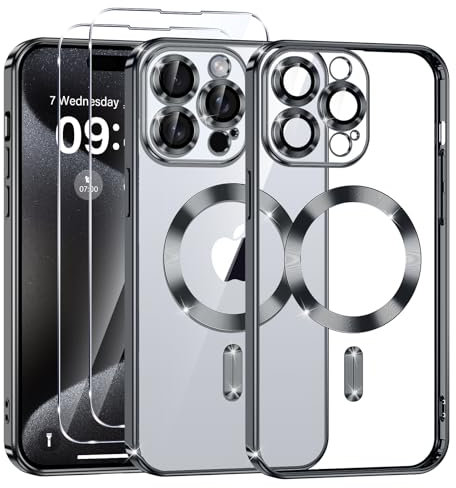 Phoona Cover Placcatura per iPhone 15 Pro 6,1 Pollici, Obiettivo per Fotocamera Protezione Completa e 2 × vetro temperato, Compatibile con MagSafe Ricarica Wireless, Protezione Militare, Nero