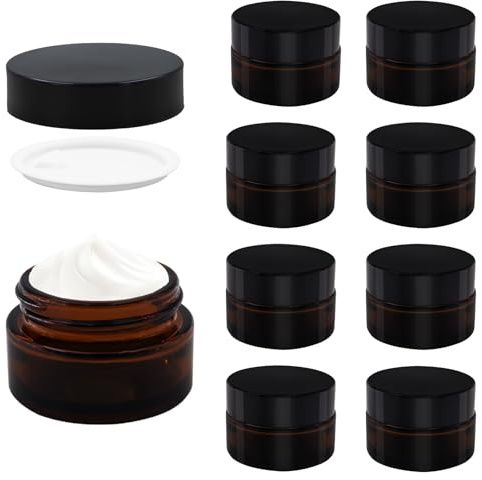 TOKSEO 9 Pièces Verre Ambré Boîte Vide, 5 ml Pots de Pommade Pots de Crème à Remplir, Pot en Verre Brun avec Couvercle et Liner pour Crèmes Cosmétiques Lotions Huiles Essentielles
