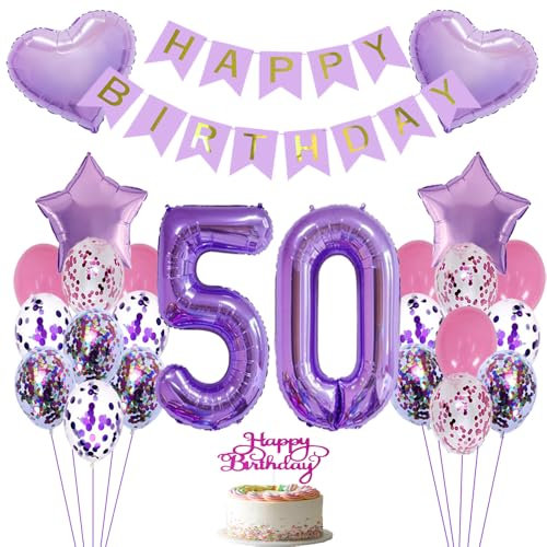 ZWWsullo Luftballon 50 Geburtstag Folienballon Deko jahre Geburtstag dekoration mädchen Luftballons Lila Happy Birthday Folienballon 50 Geburtstagsdeko Lila Geburtstagdeko Dekoration