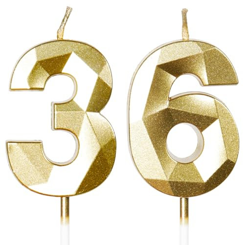 Yiran Gold 36. Geburtstagskerzen, 36. Geburtstagsdekorationen für Frauen und Männlich, 3D-Zahl-36-Kerze für Kuchen, Goldene Kuchendekorationen für Geburtstagsfeiern und Hochzeiten Zubehör