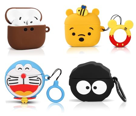 (4 Packung) Silikon Hülle für AirPods 4 Ohrhörer(2024), XMBYGY Cartoon Aufladung Stoßfeste Schützende Kopfhörer Abdeckung mit Schlüsselbund für AirPods 4th Erzeugung (W+B+E+A)