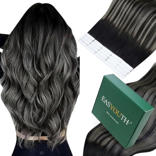 Easyouth Natürlicher Tapes Extensions Echthaar Schwarz Ombre 1b/S/1b 50cm | Extension Tape Remy Menschenhaar Schwarz Balayage Silber, für Natürlichen Look, Leichtes Tragegefühl, 50g, 20stücke