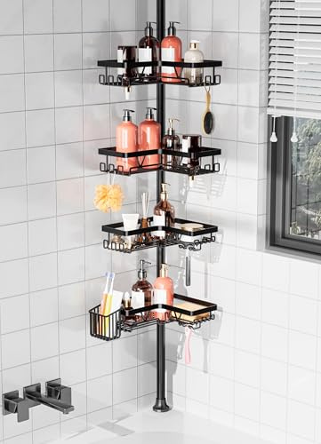 Daoun Corner Shower Caddy, Telescopic Shower Storage with Adjustable Height | Fits 64-290 cm, Stainless Steel, with Toothbrush Holder, Without Drilling, Bathroom Accessories