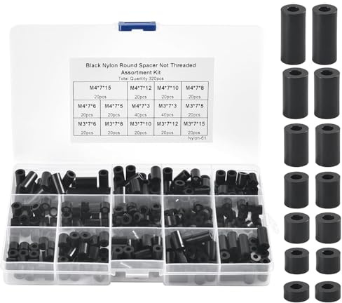 320 Pcs Black ABS Nylon Insulation Spacers Assortment Kit - 14 Sizes for M3/M4 Screws, Non-Threaded Standoff Supports for Electronics