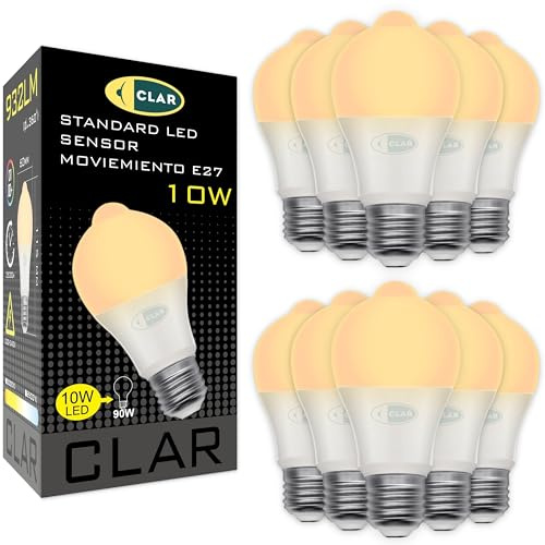 CLAR - Glühbirne Mit Bewegungsmelder, Bewegungsmelder LED, Glühlampe Mit Bewegungsmelder, E27 Mit Bewegungsmelder, Dämmerungsschalter Bewegungsmelder, 10W 3000K (Pack 10)