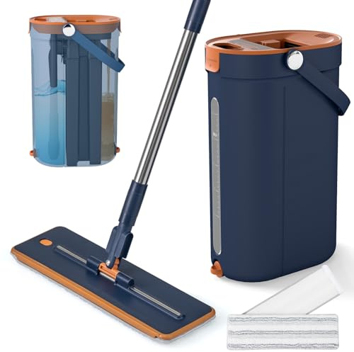 COSTWAY Wischmopp und Eimersystem 2,4L mit Auswringfunktion, 3-Kammer, 2 waschbaren Mikrofaser-Pads, Flacher Bodenwischer Bodenreinigungssystem für Nass- und Trockenreinigung (Blau)