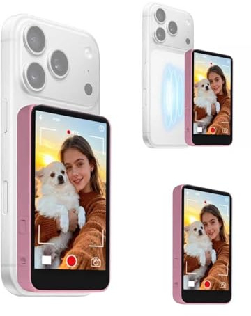 Vlog Selfie Monitor Screen for iPhone – 4.0 Magnetic Back Camera Monitor with Real-Time Wireless Preview, Compact Vlogging Mirror Display for YouTube, TikTok & Live Streaming (Pink)