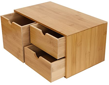 Boîte de rangement de tiroir - Organiseur de bureau en bambou avec 3 tiroirs et poignées creux - 34 x 20 x 18 cm - Pour timbres, notes, clips en papier, ciseaux (A2)